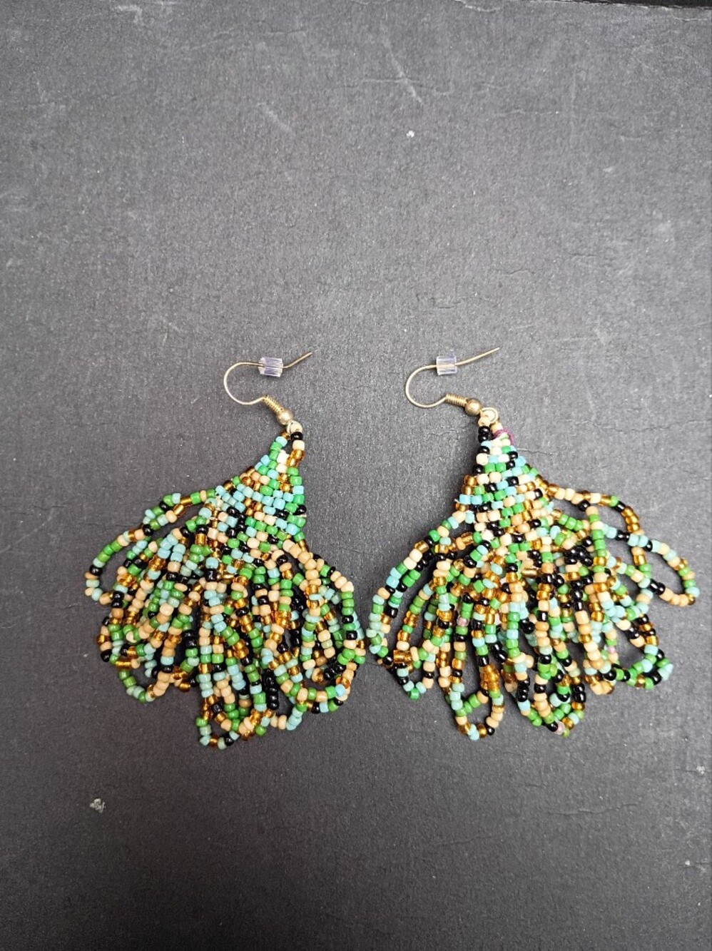 Lakota Sioux Handmade Green Multi Beaded Fringe Earrings, Summer